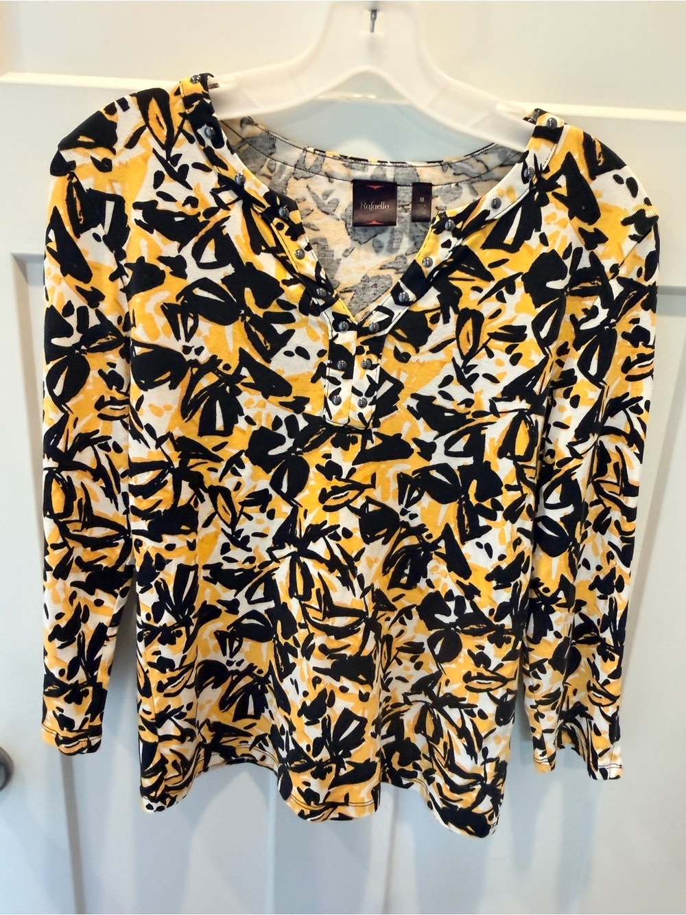 Rafaella Medium Abstract Floral Studded V Neck Long Sleeve Top